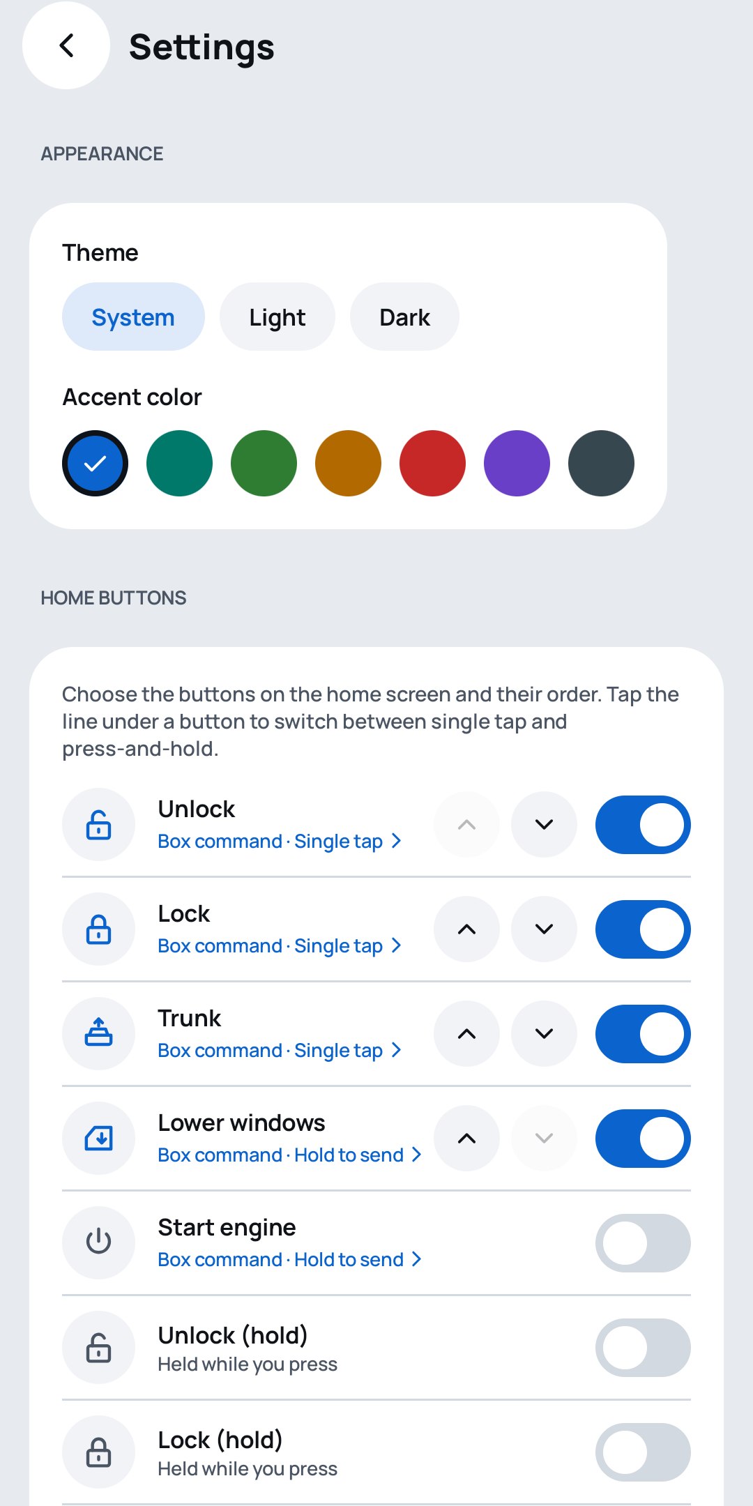 Settings: theme, accent color and home buttons